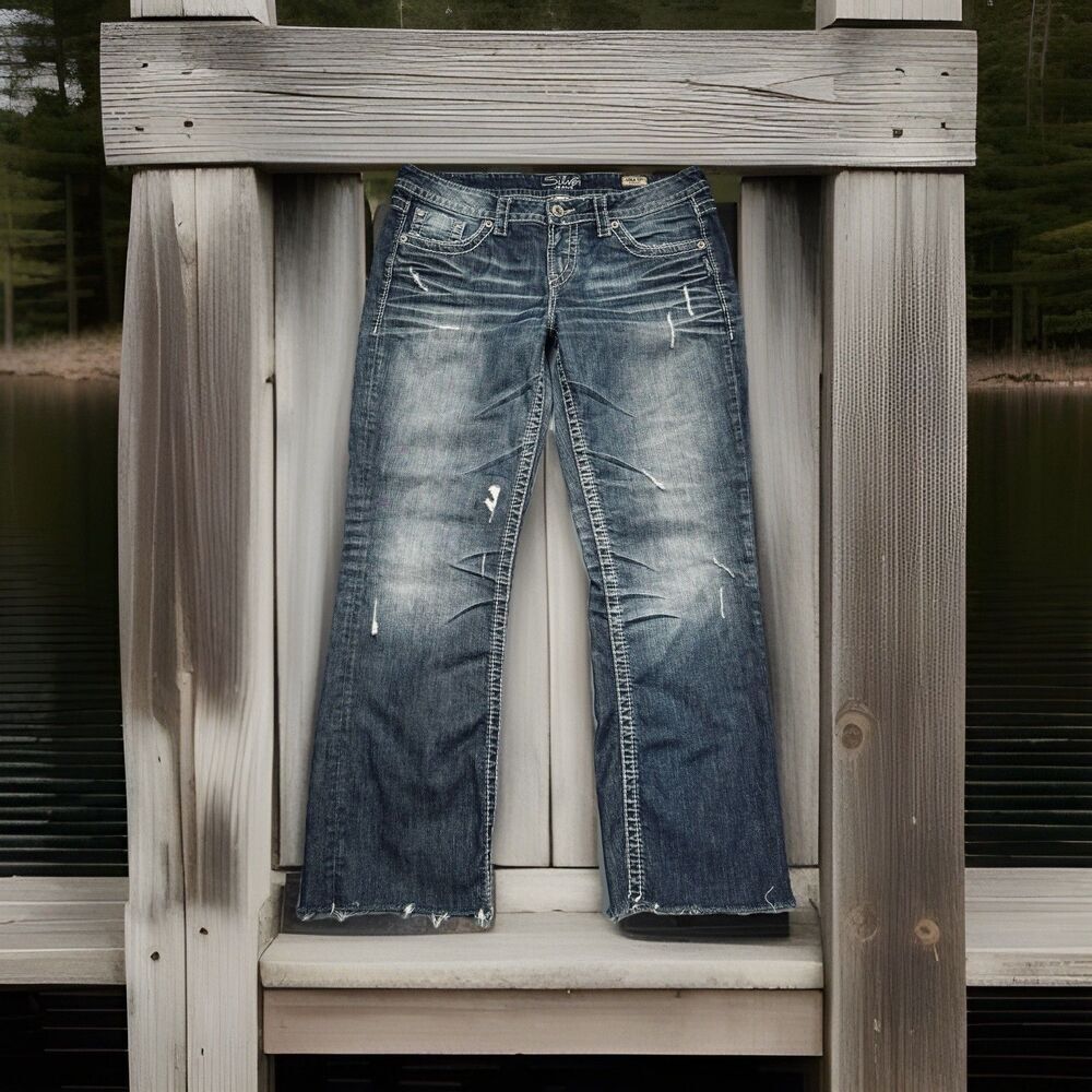 Silver Jeans Lola 17” Straight 32 (34x29) Altered Blue Distressed Denim Womens - Picture 10 of 11